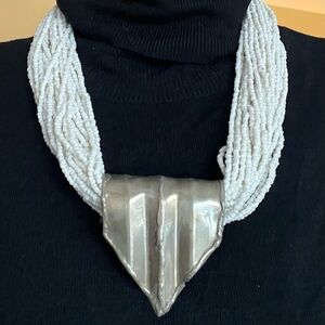 Elegant Silver Metal and White Beaded Necklace
